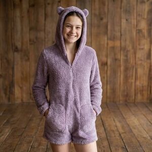 Plush Hooded Short Romper - Mauve Purple - Size Medium